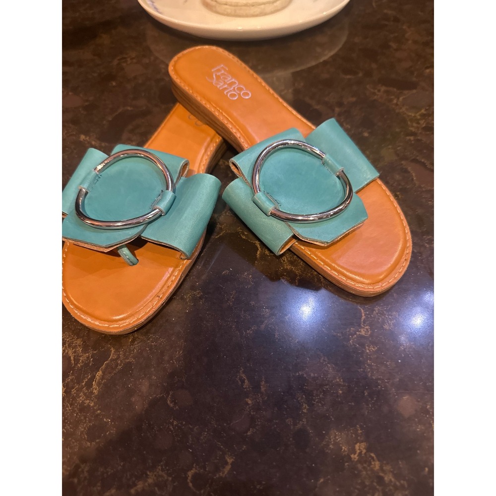 Franco Sarto Teal Leather Ring Slide Sandals Womens 7.5M Teal Silver Flip  Flop